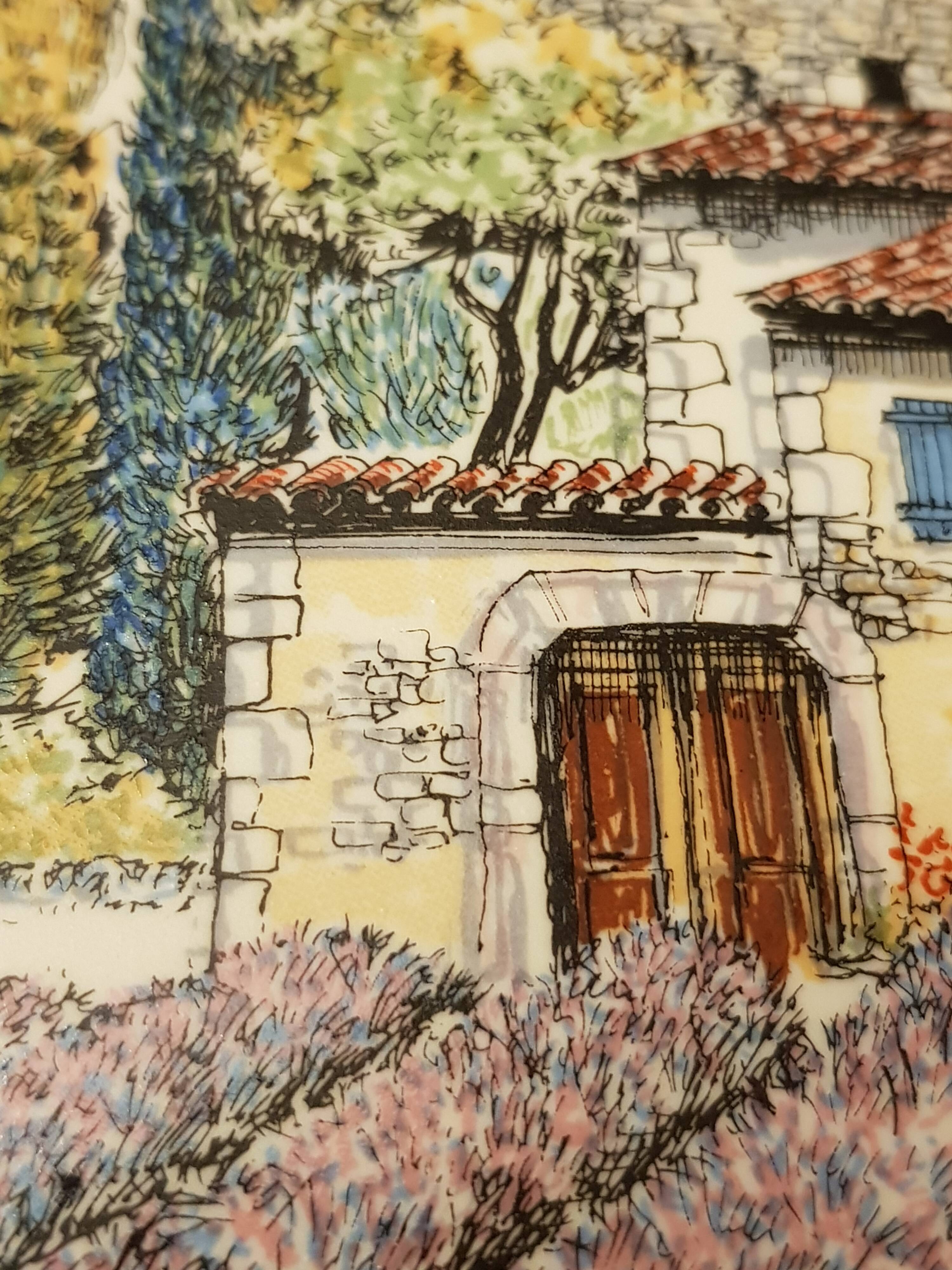 Decorative flat plate in Castelroux porcelain. Provencal scene, Landscape of Provence France