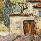 Decorative flat plate in Castelroux porcelain. Provencal scene, Landscape of Provence France