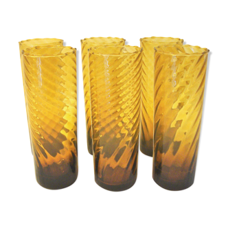 6 amber coloured twisted glasses