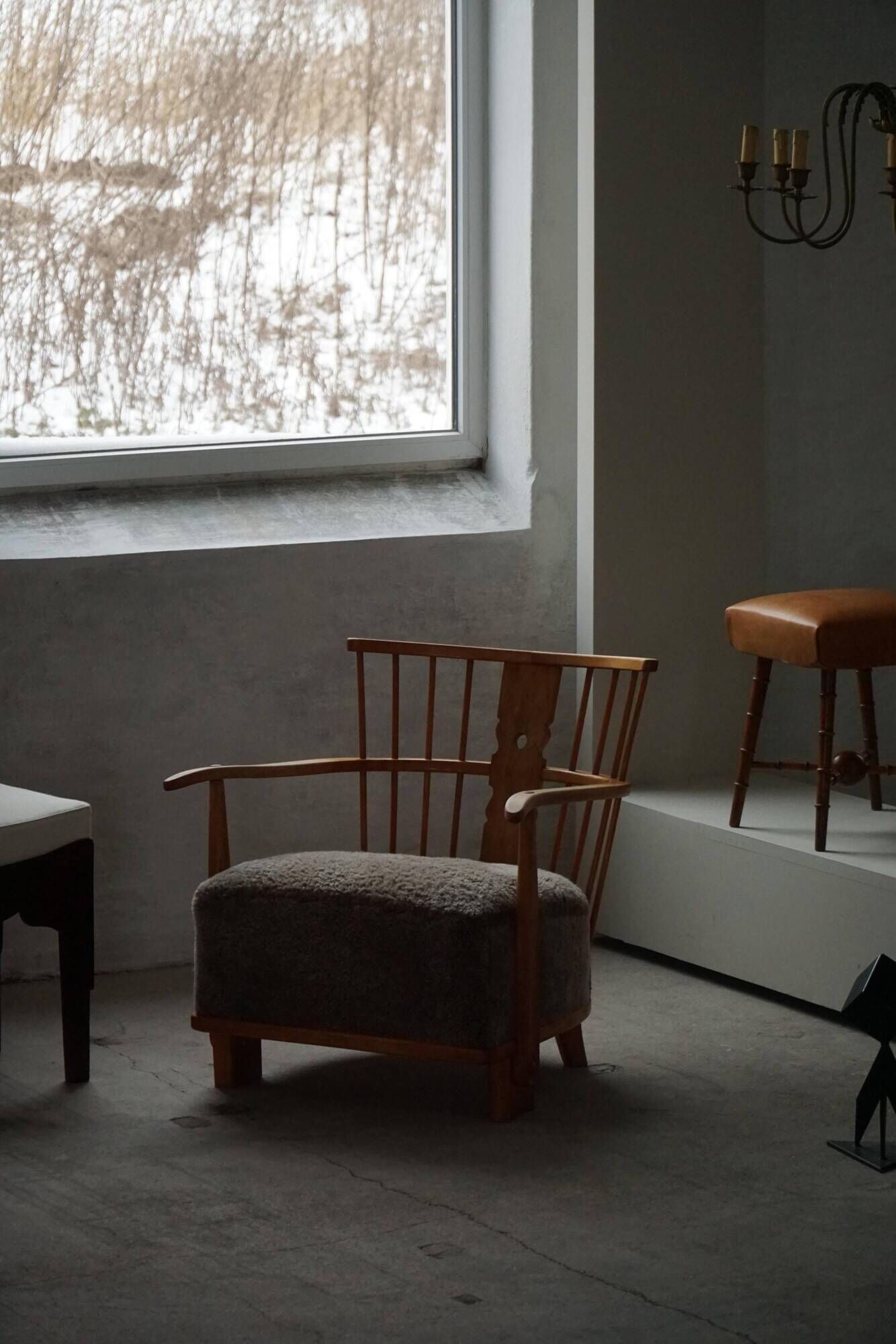 Armchair by Fritz Hansen, Model 1590, Elm & Lambswool, Scandinavian Modern, 1940s