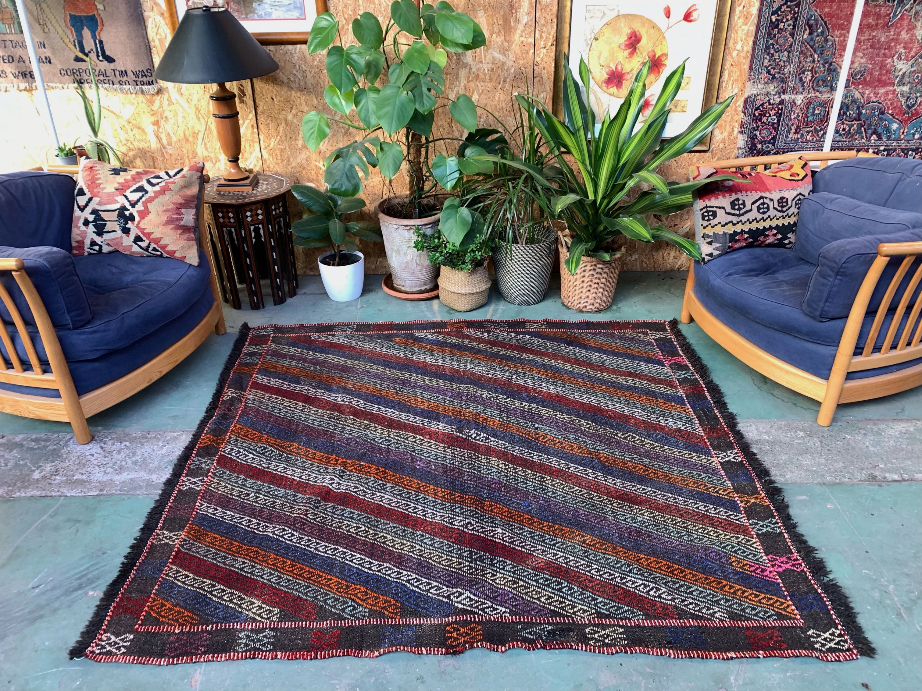 Large Vintage Turkish Kilim Rug 180x162 cm Wool Kelim, Square