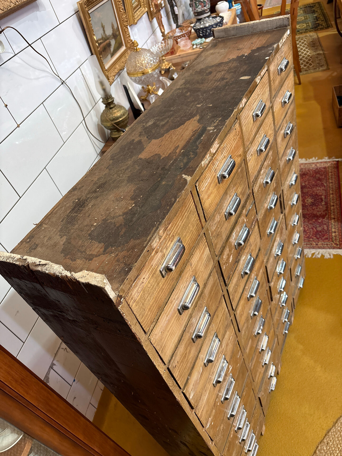Large antique workshop cabinet with 44 drawers – patinated wood