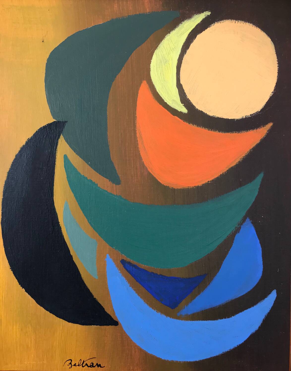 Acrylic painting by Odile TRAMPONT, known as BALTRAN (1942). The Six Moons