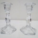 old pair of carved crystal candle holders, hexagonal foot