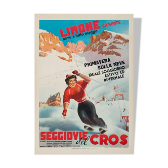 Original Seggiovie Del Cros Winter Sport Poster by Carlo Prandoni - Small Format - On linen