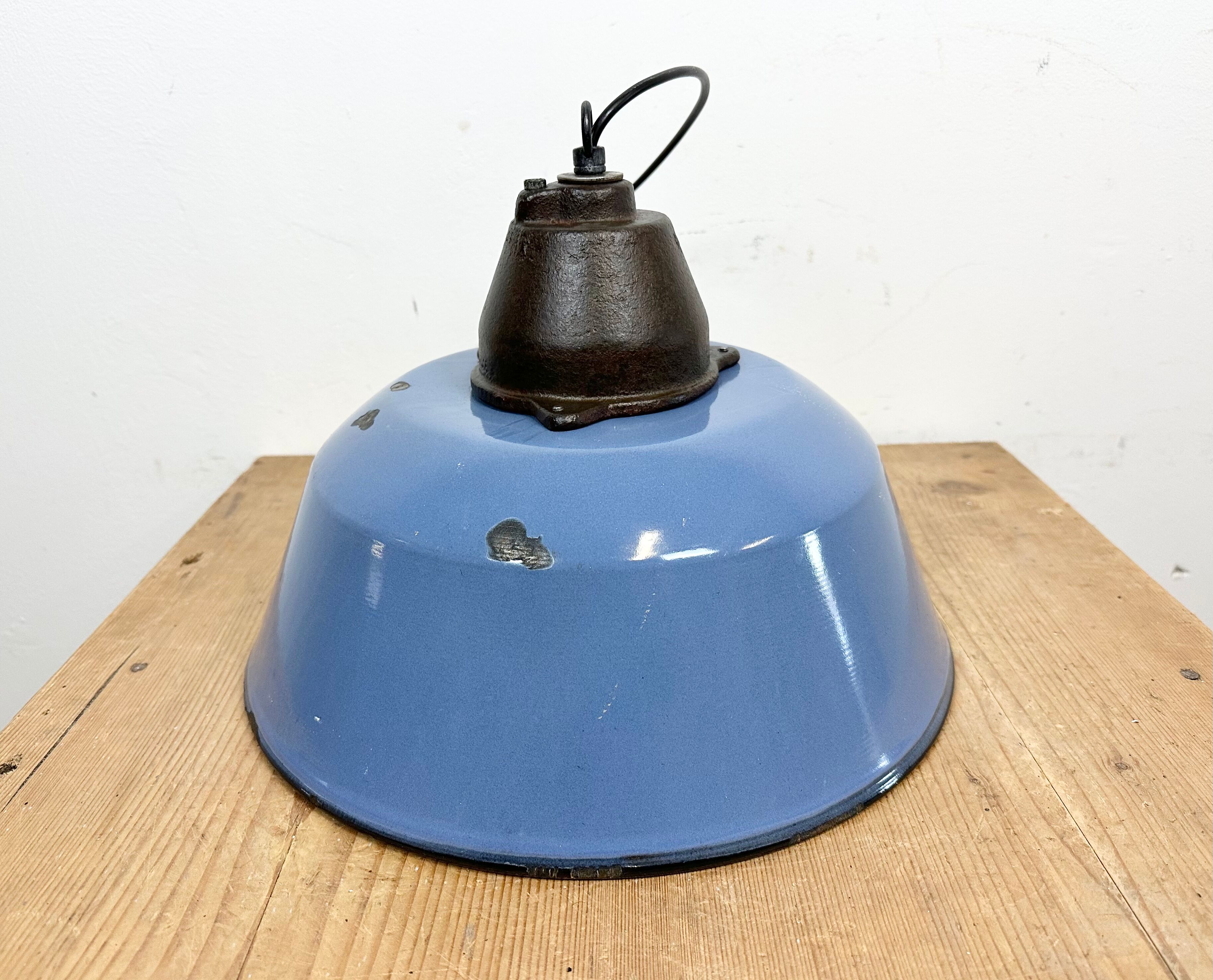 Industrial Blue Enamel and Cast Iron Pendant Light with Glass Cover, 1960s