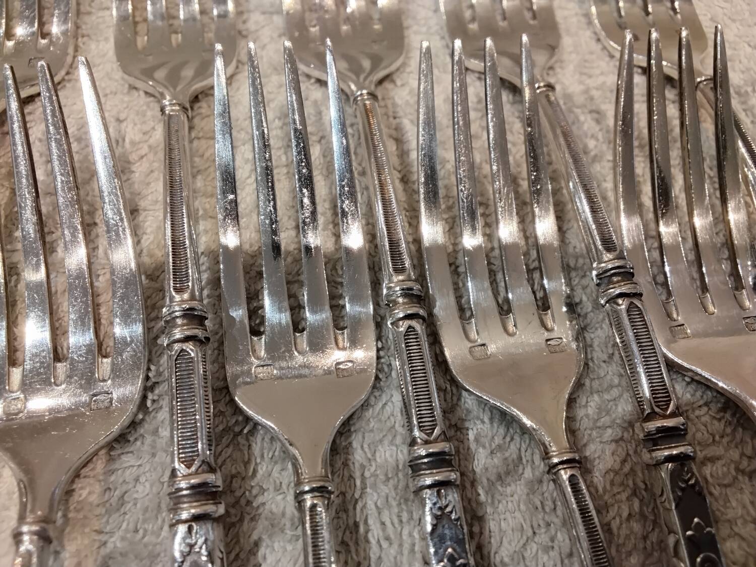 12 silver-plated metal cake forks with 4 prongs, Russian silversmith SFAM.