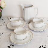 Set of 3 white and gold bistro coffee cups and coffee pot, in porcelain