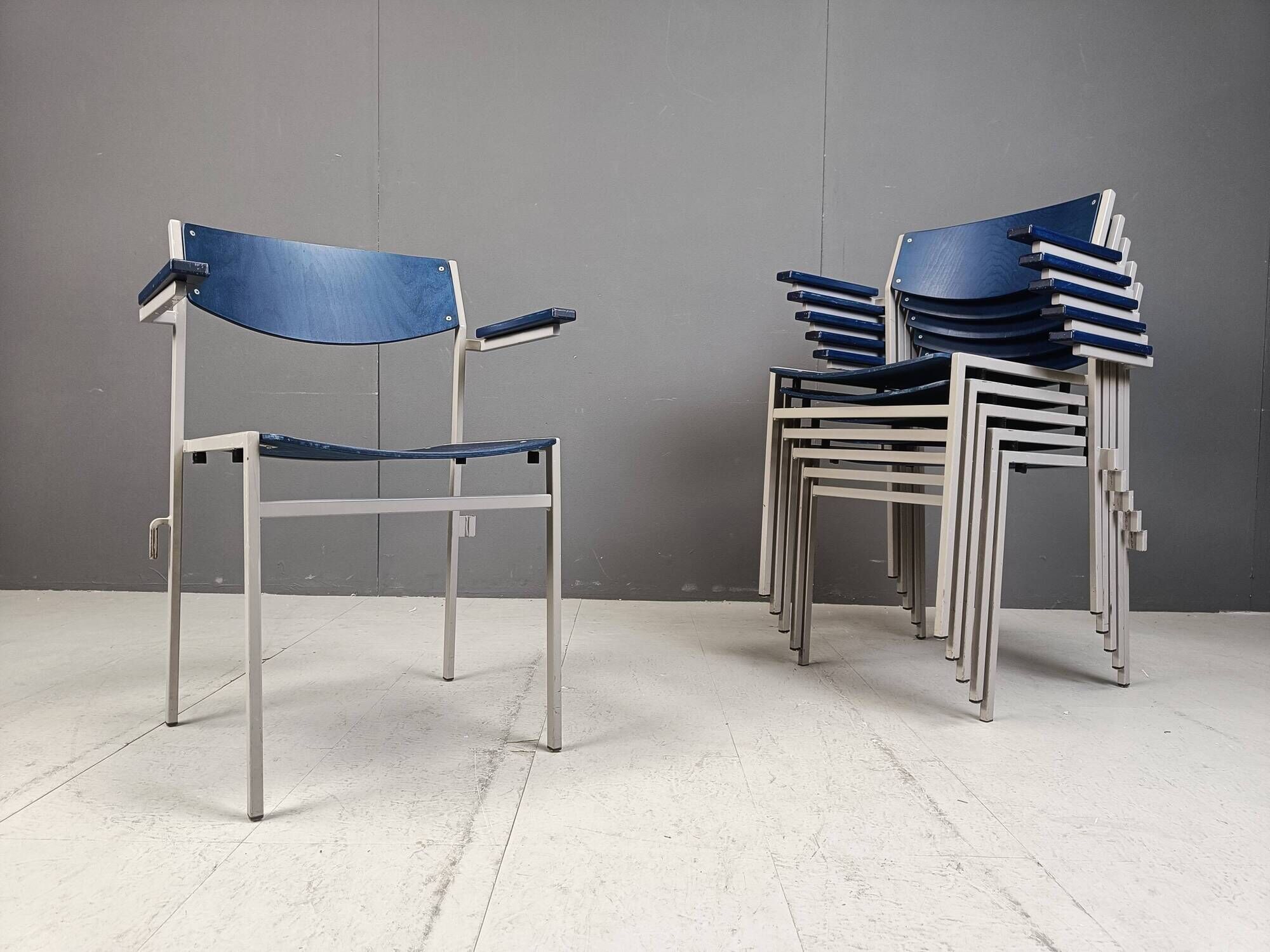 Minimalist Metal and Plywood Stackable Armchairs by Gijs Van Der Sluis, Set of 6