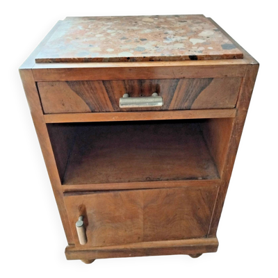 Ancienne Table De Nuit En Bois Avec Plaque De Marbre Vintage
