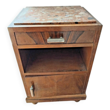Ancienne Table De Nuit En Bois Avec Plaque De Marbre Vintage
