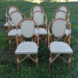 Set of 8 Parisian rattan bistro chairs braiding green and ecru