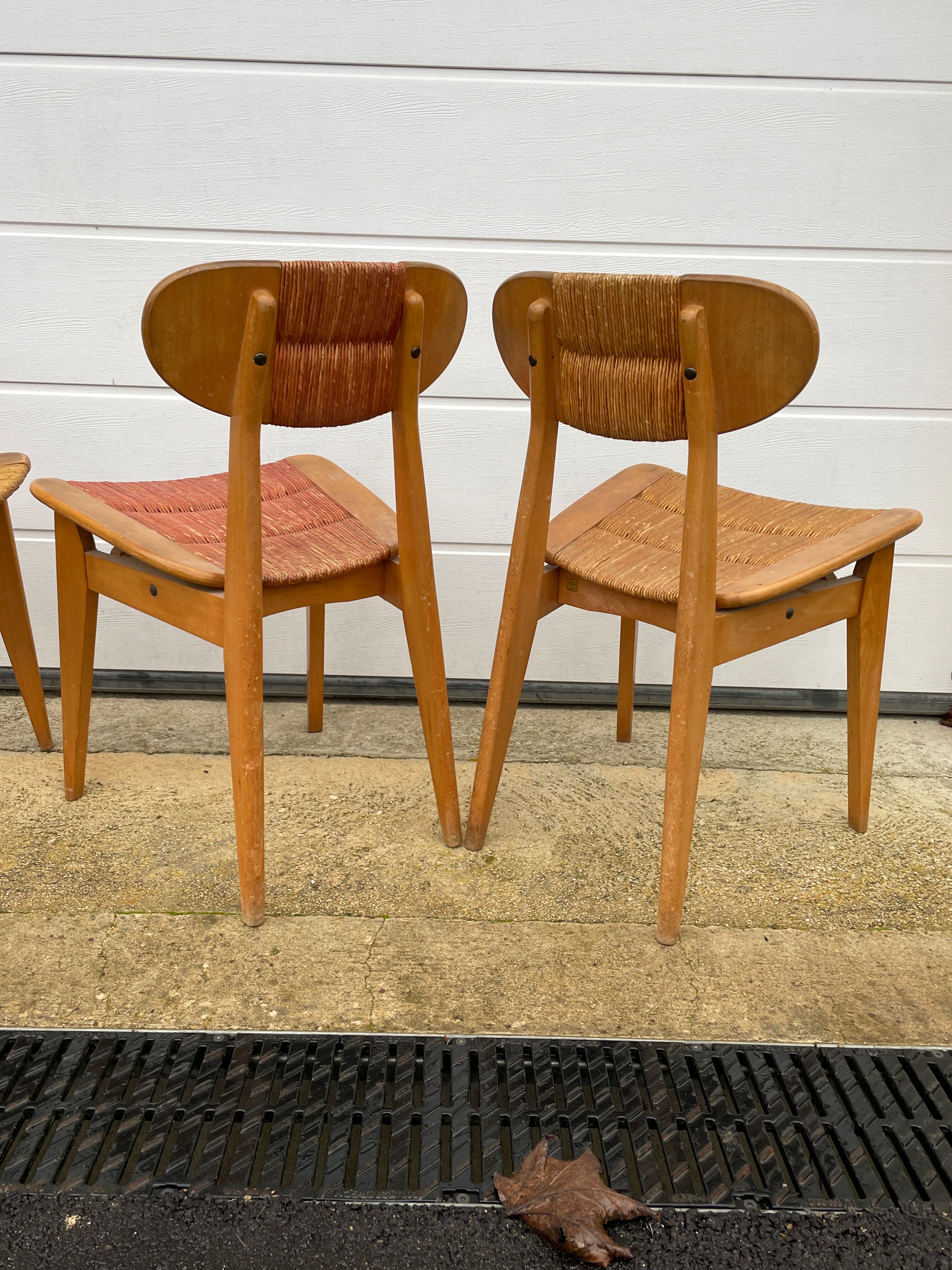 Série de 4 chaises paillées 1950 Roger landault  éditeur robert sentou