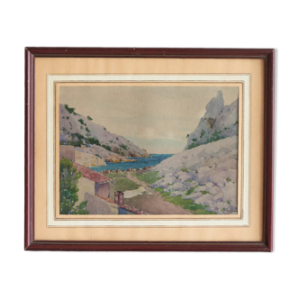 Watercolor XXth calanque morgiou marseille signed