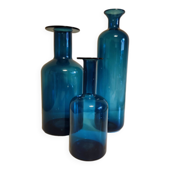 3 blue bottle vases