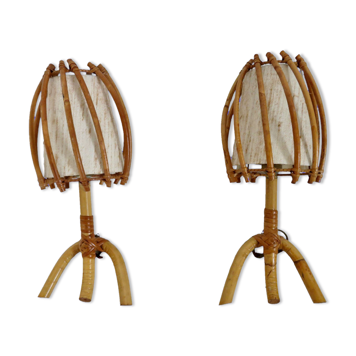 Pair of sconces Louis Sognot in rattan, bamboo 60s