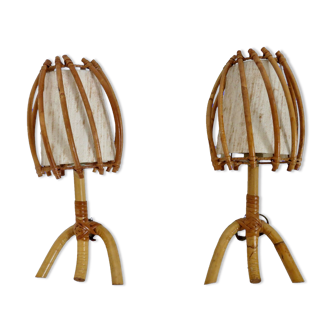 Pair of sconces Louis Sognot in rattan, bamboo 60s