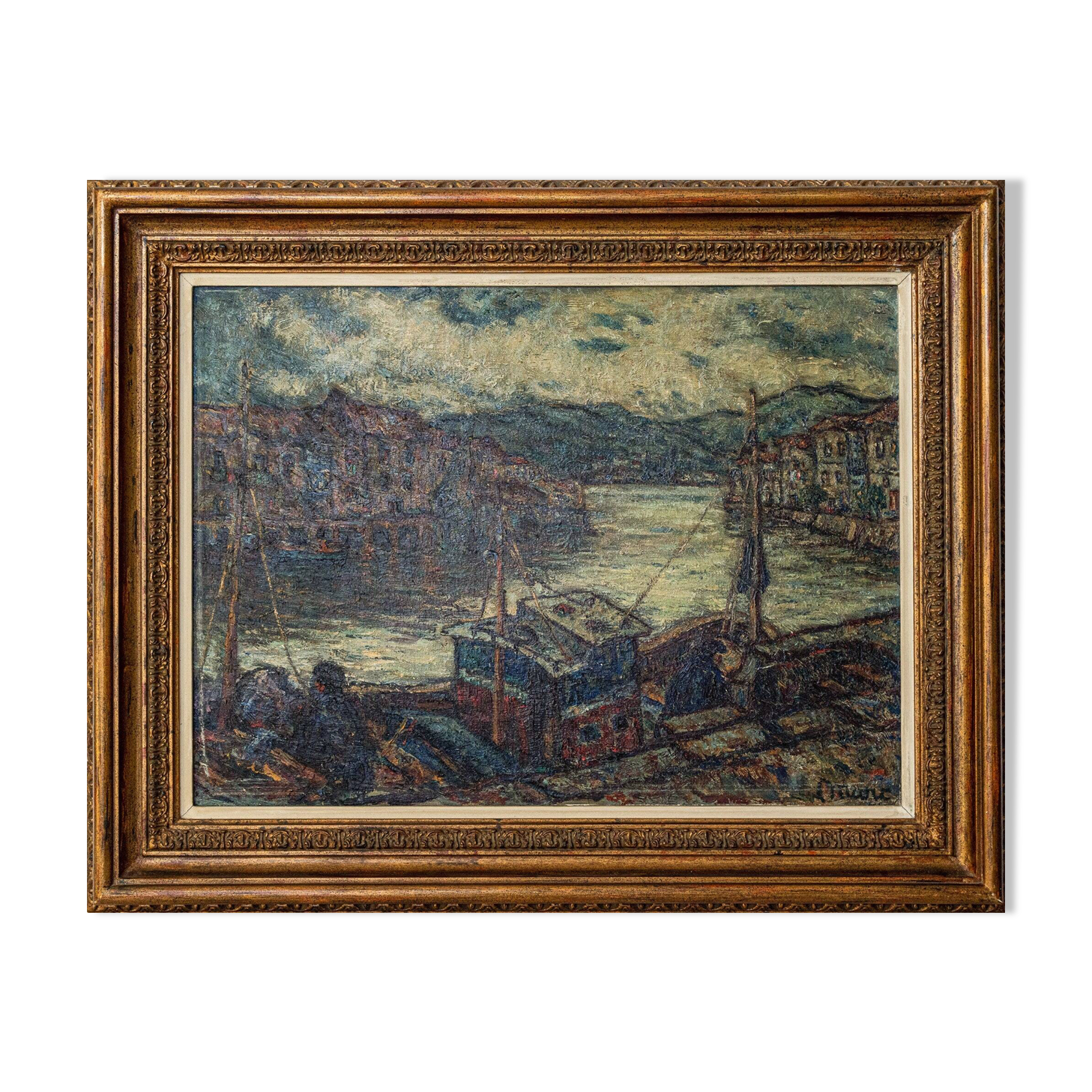 Atmospheric Signed Impressionist Oil - Barges in a Port