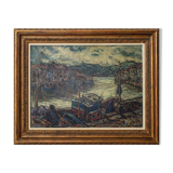 Atmospheric Signed Impressionist Oil - Barges in a Port