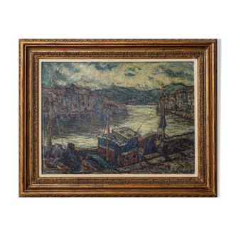 Atmospheric Signed Impressionist Oil - Barges in a Port