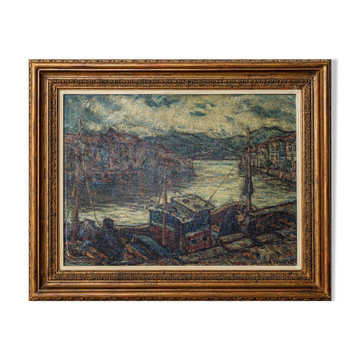 Atmospheric Signed Impressionist Oil - Barges in a Port
