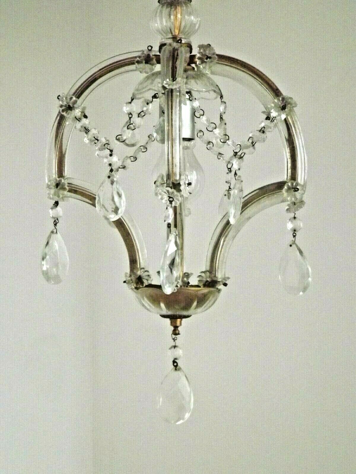 French vintage single light metal glass & acrylic crystal cage chandelier 3152