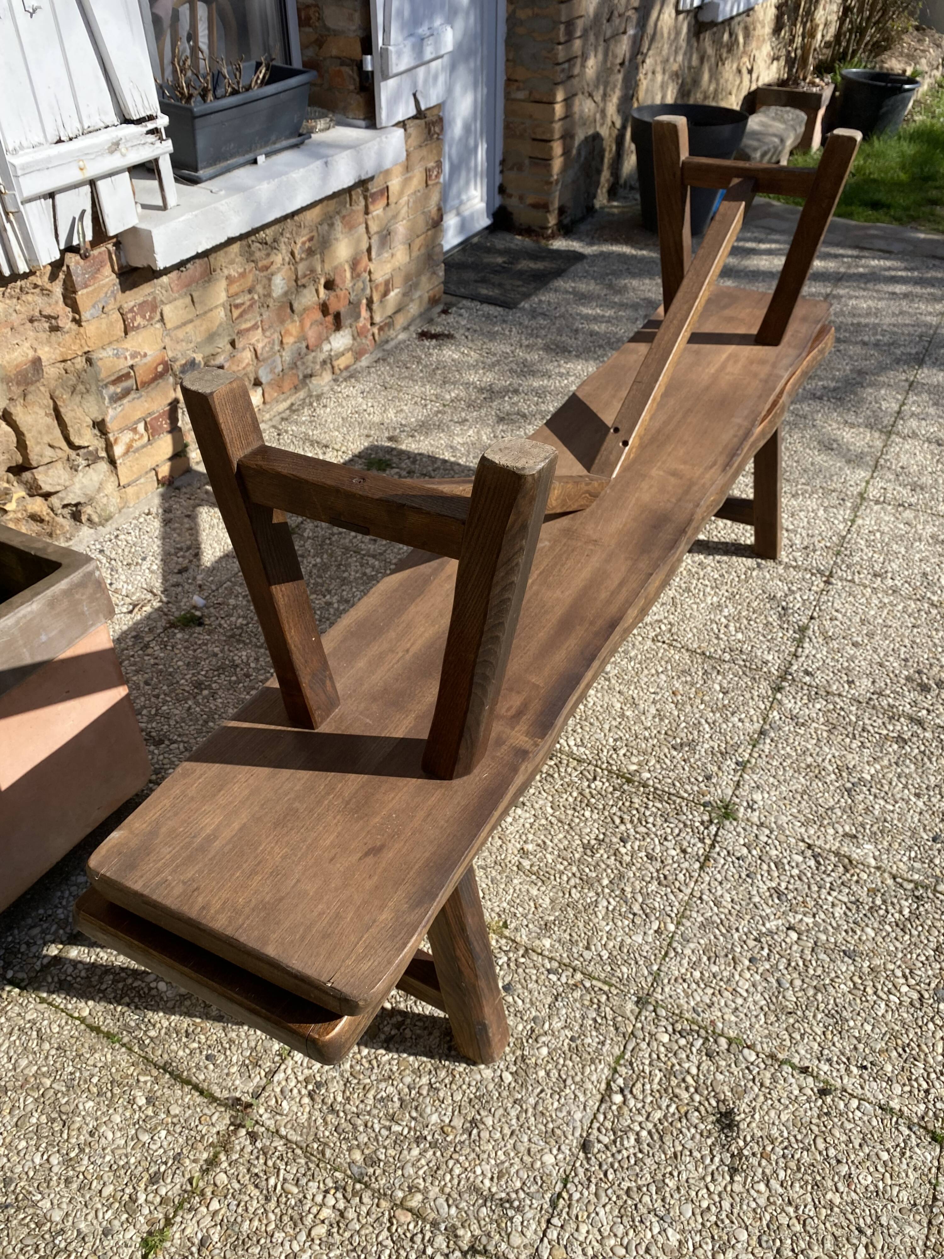 Paire de bancs orme pour table de ferme brutaliste rustique 1950