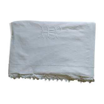 Old flat sheet with festoons 140 embroidered monogram initials HP
