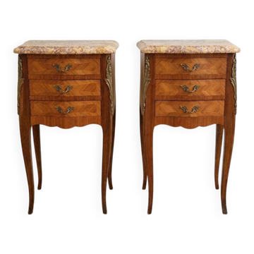 Pair of Louis XV style bedside tables in marquetry and marble.