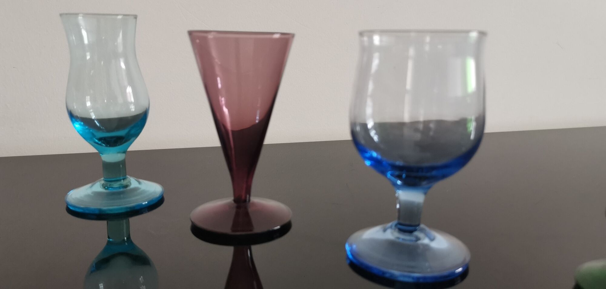 Set of 6 old liquor glasses on mismatched feet