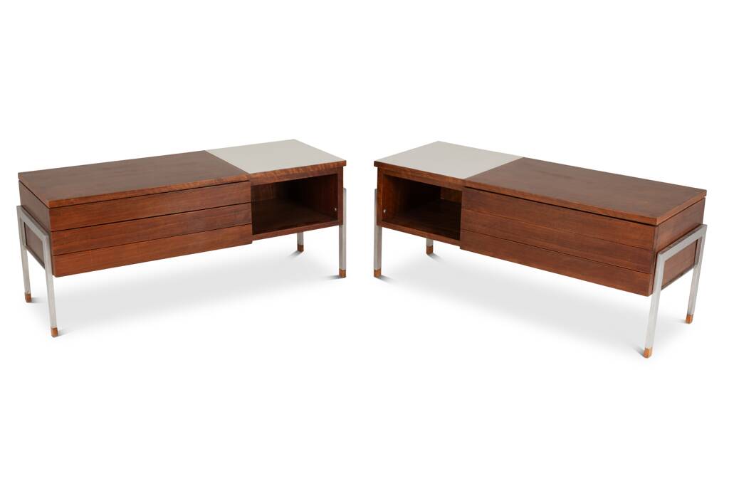 Pair of low chests of drawers in teak and chrome metal. 1960s.