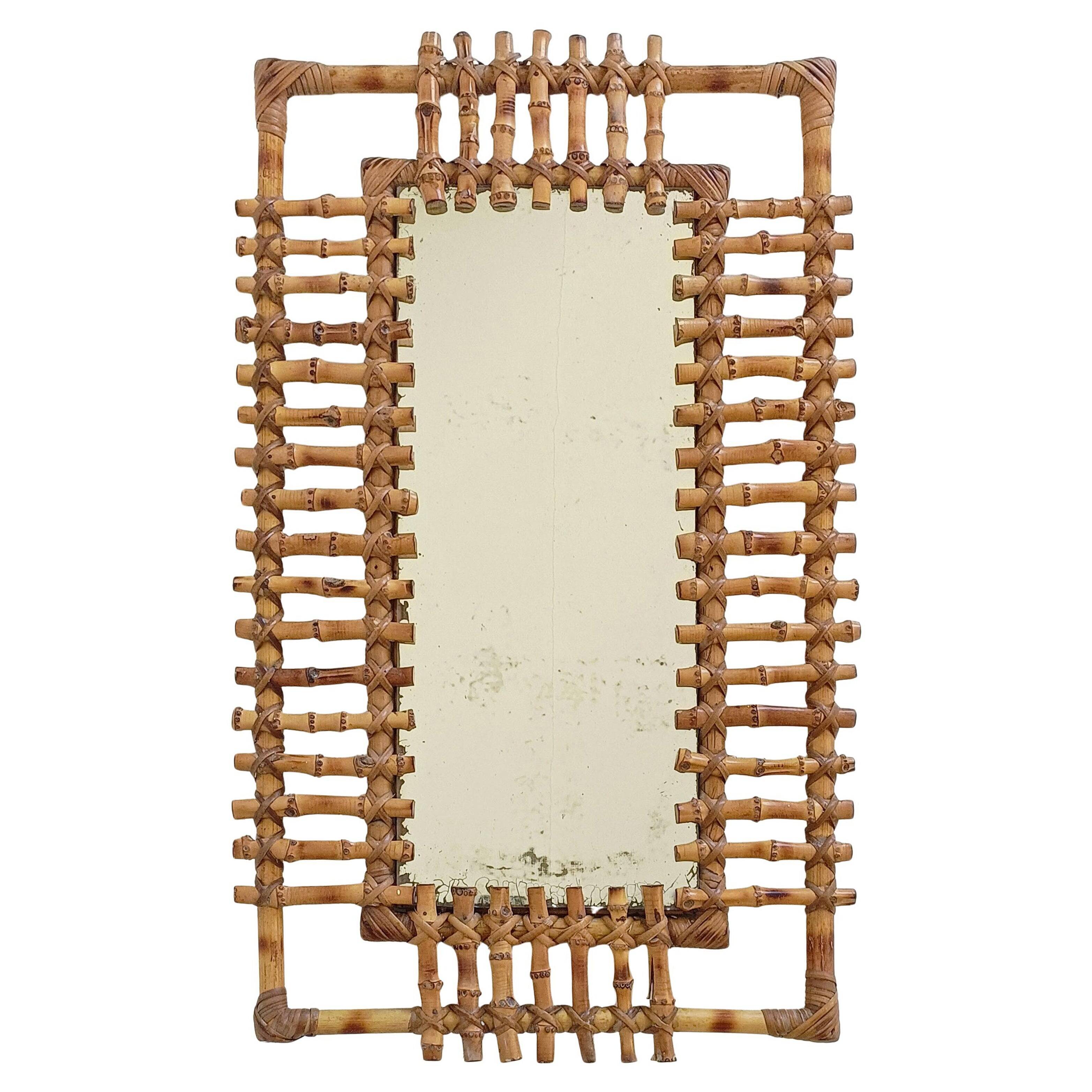 Mid-Century Bamboo & Rattan Mirror With Patina, French Riviera Style, 1950s