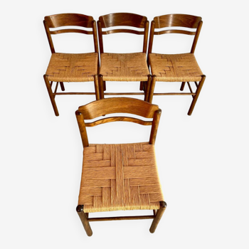 Lot 4 anciennes chaises bois et corde design français des années 60 vintage