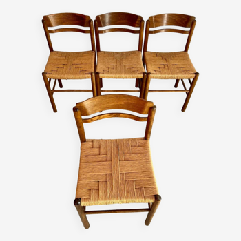 Lot 4 old French design wood and rope chairs from the 60s vintage