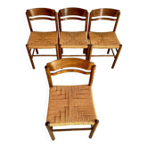 Lot 4 old French design wood and rope chairs from the 60s vintage