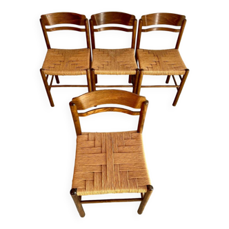 Lot 4 anciennes chaises bois et corde design français des années 60 vintage