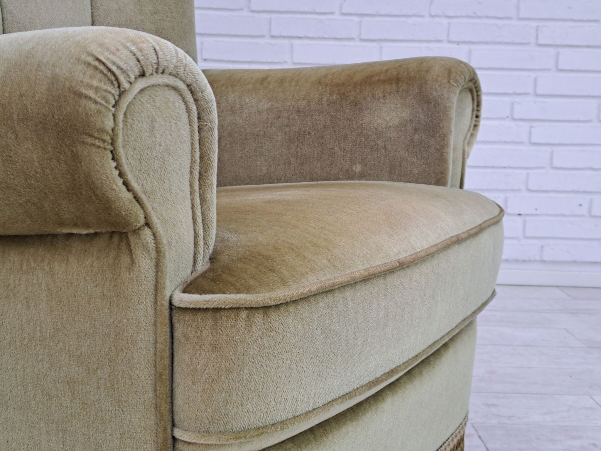Danish velour armchair, original condition, beech wood, 80s