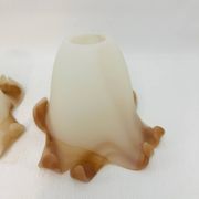 Pair of vintage opaline tulip lampshades with caramel marbled frill edge.
