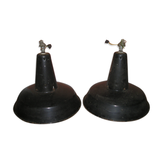 Pair of enamelled tole hanging lamps, "gamelle" lamps