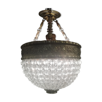 Classic ceiling lamp with carved crystals andputed brass.