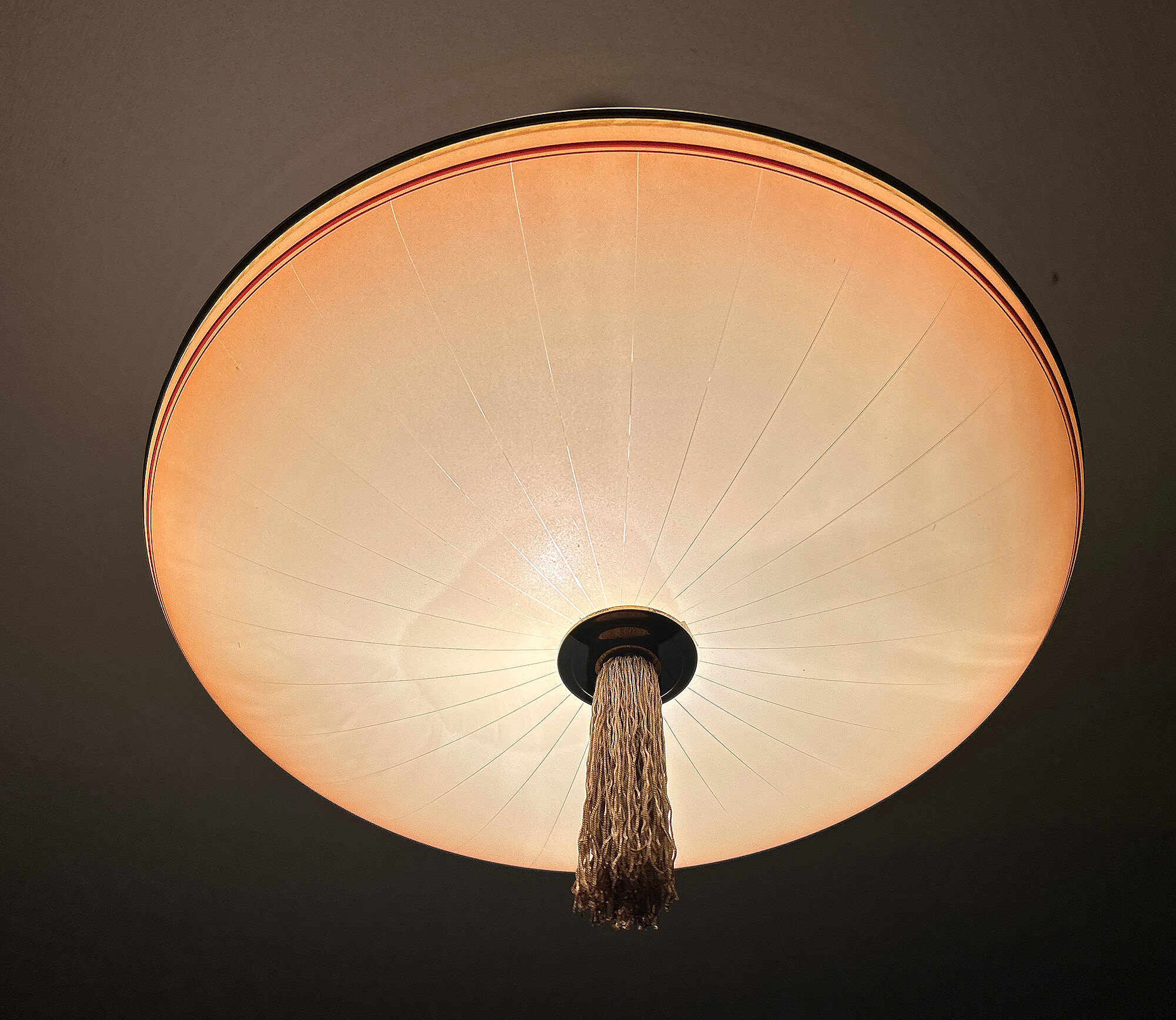 Vintage art deco pendant lamp, gradient glass, red beige, brass, 30 years