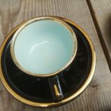 Set of 9 cups and sub-cups in black ceramic and colored gold border