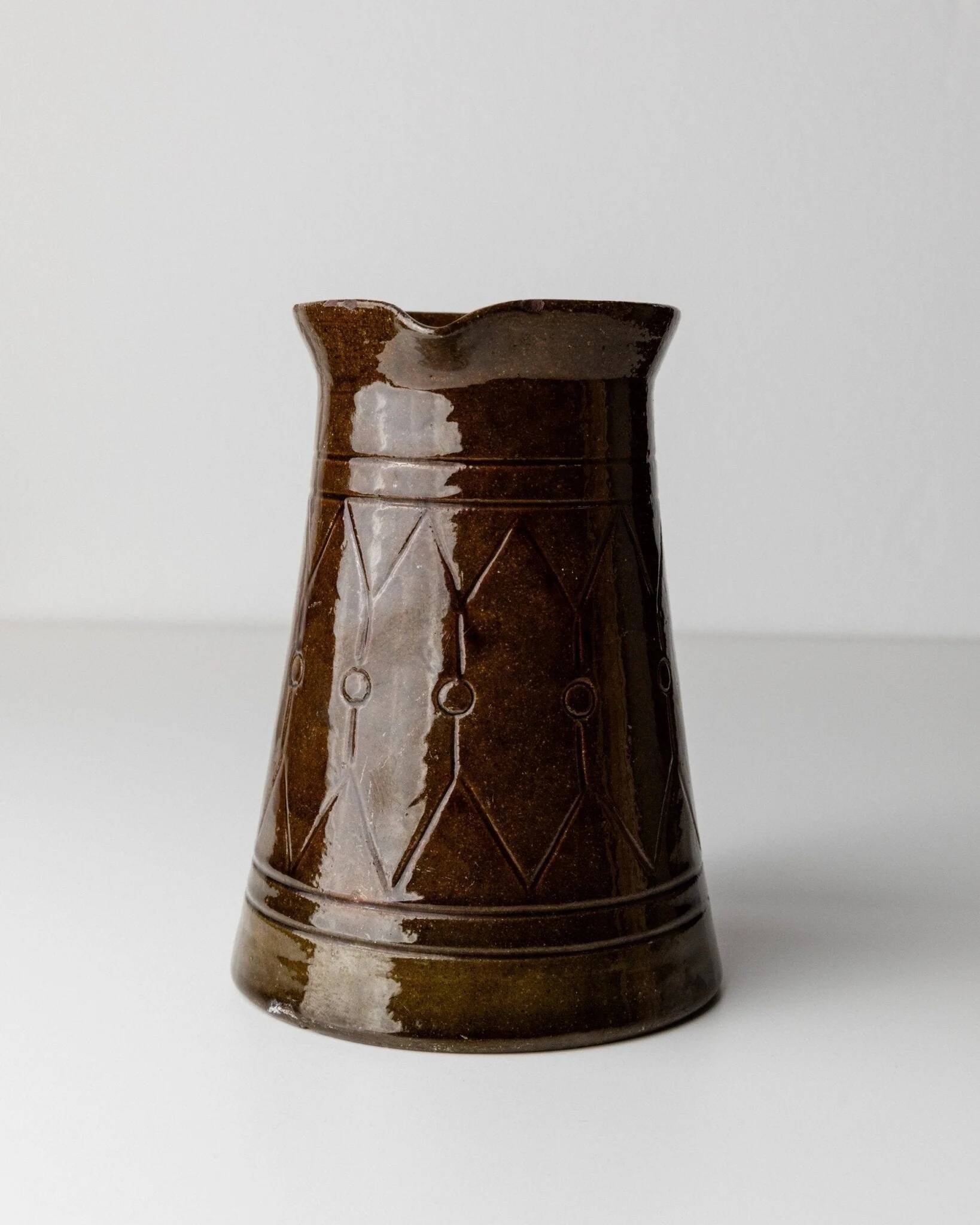 Vintage ceramic pitcher or vase with handle by Urbano Fontana, relief, brown glaze, Italy 1970s.