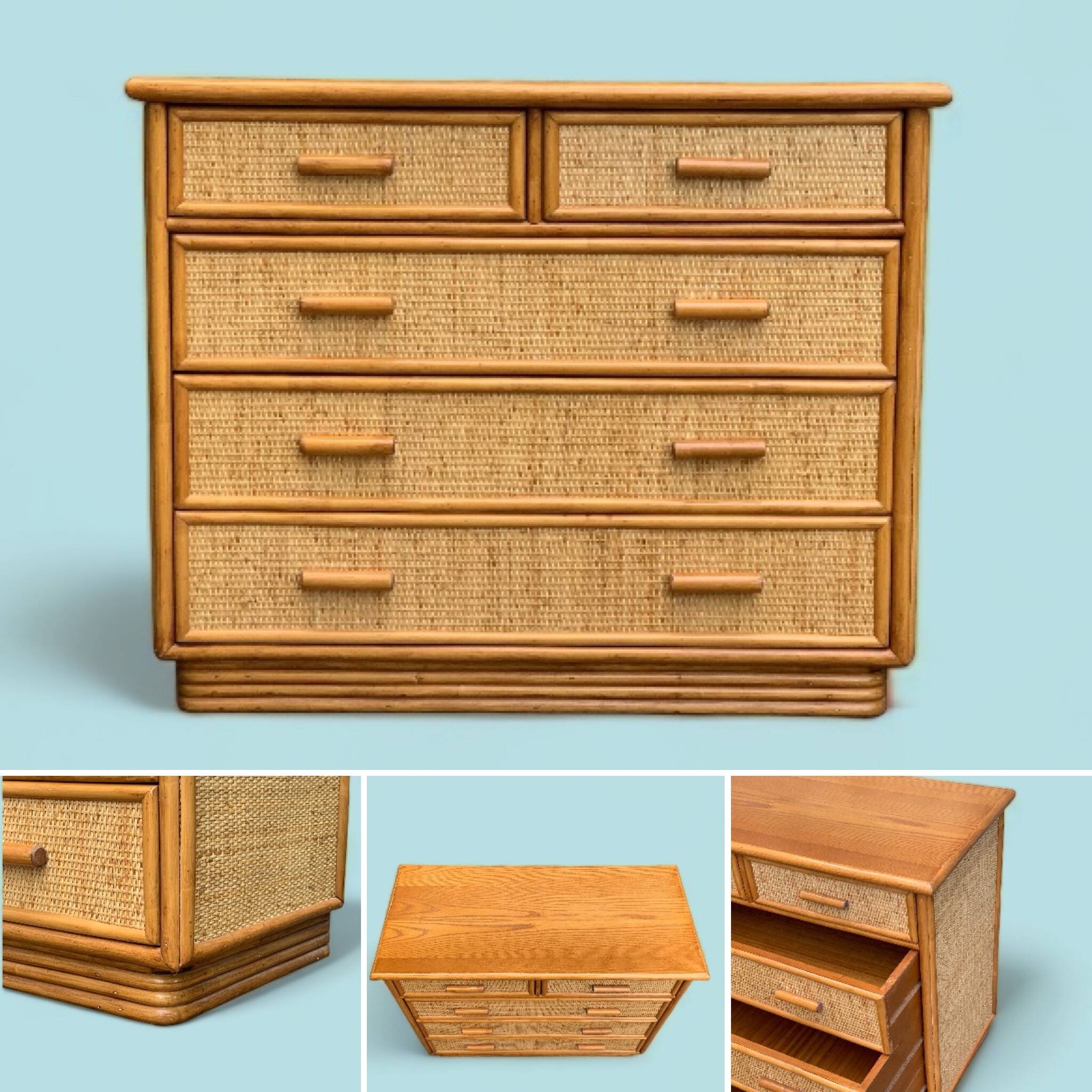 Vintage rattan and woven wicker chest of drawers 1970