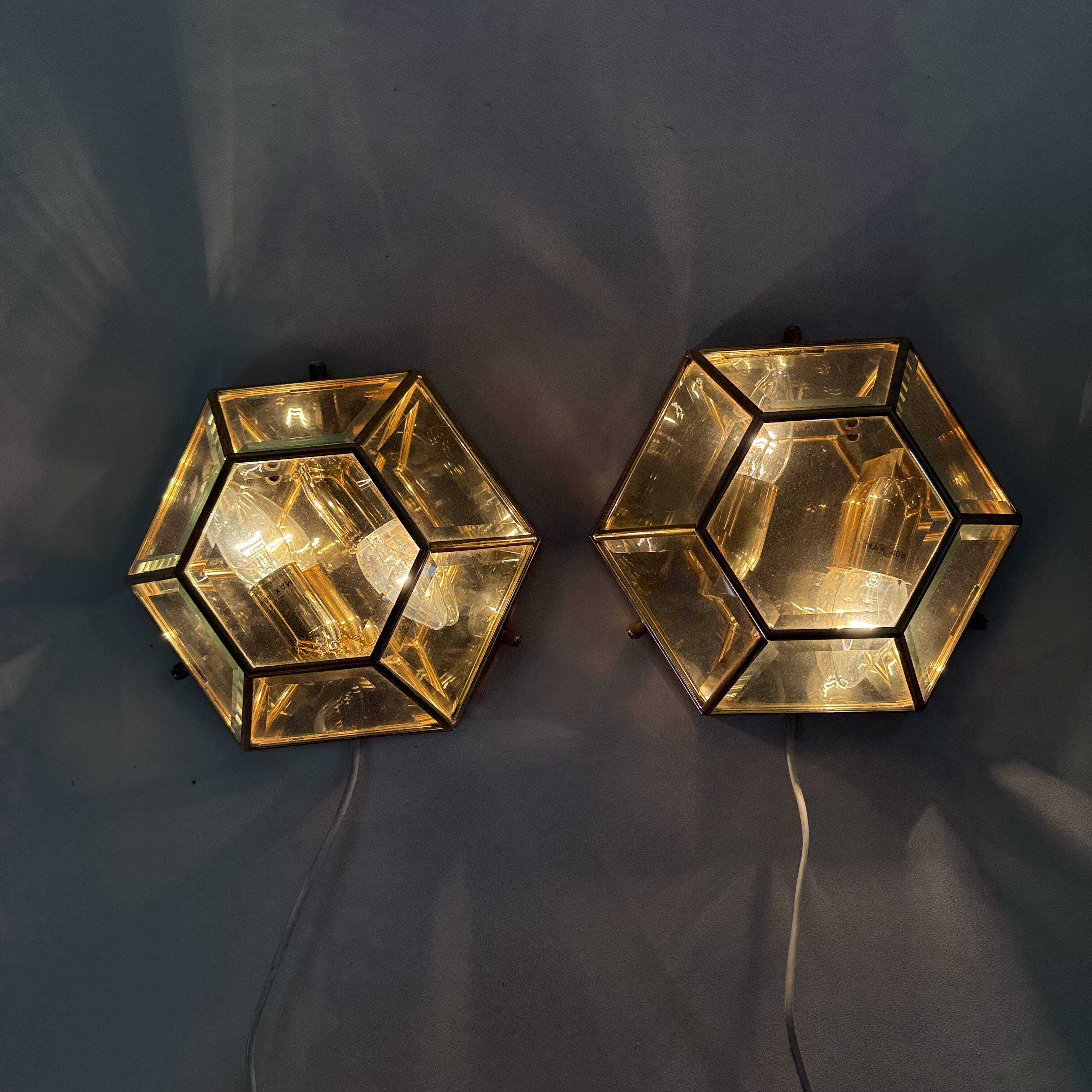 Set of 2 hexagonal wall lamps by Sothis, Italy 1980s