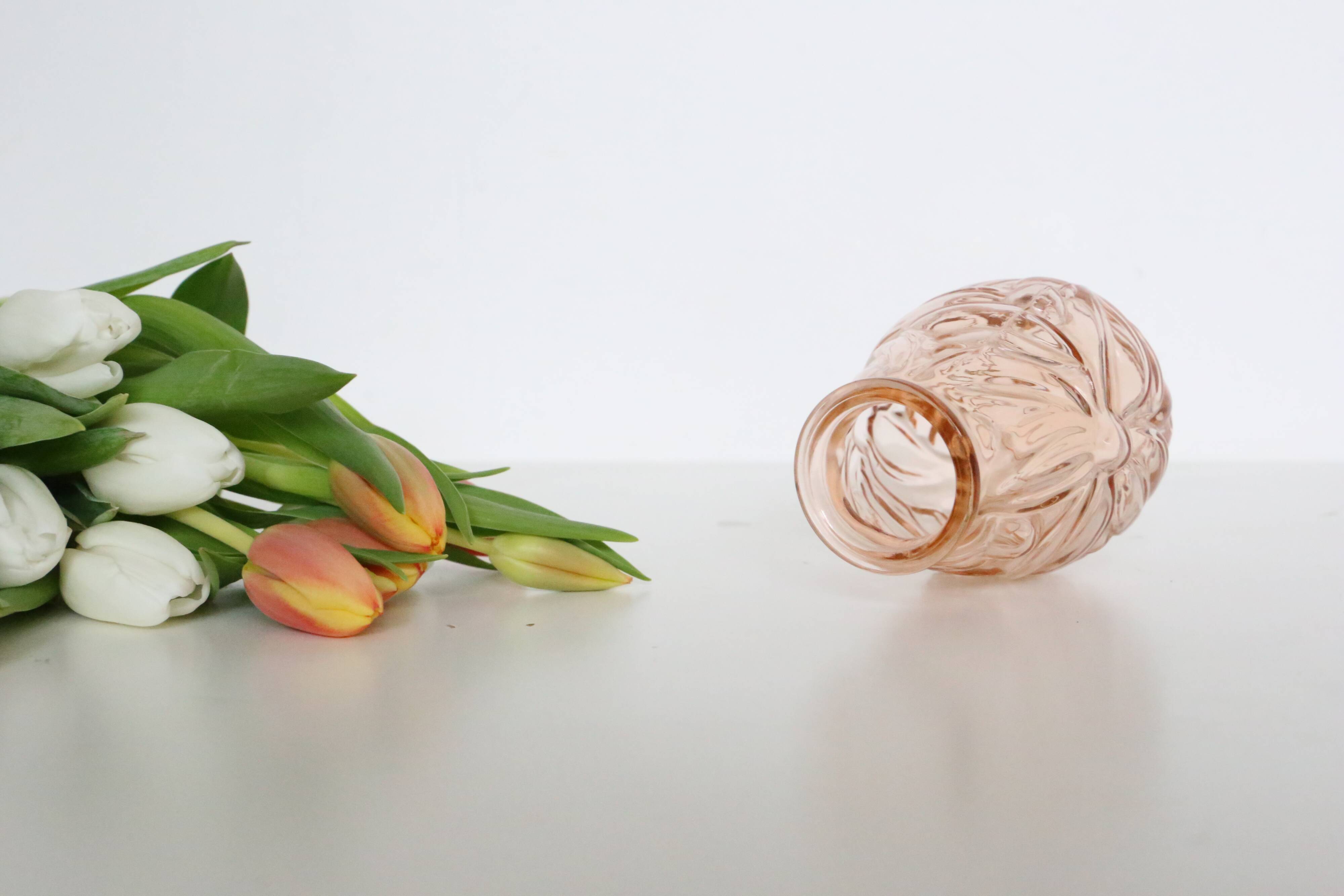 Old pink glass vase, molded glass, vintage French