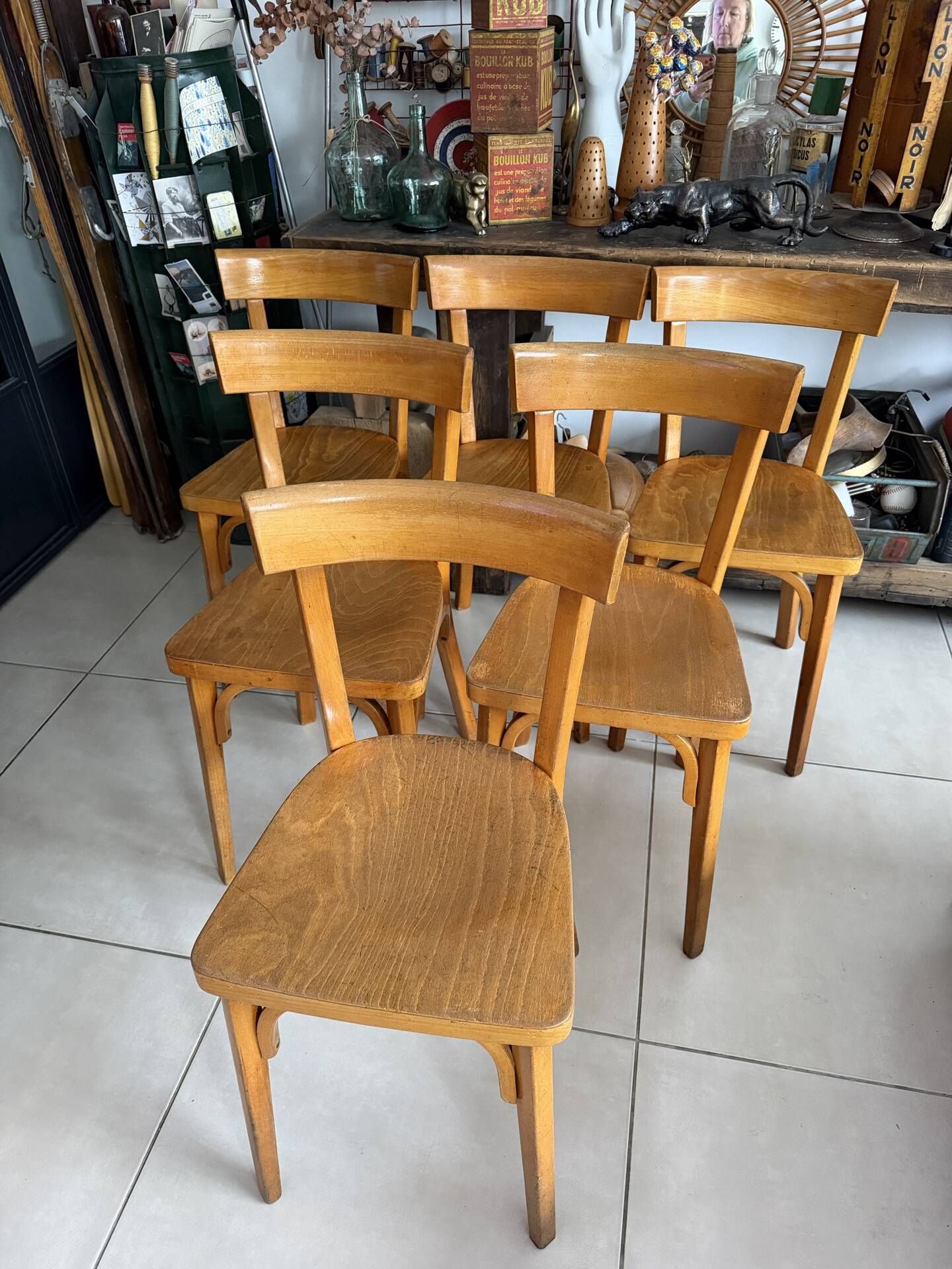 Set of 6 vintage wooden bistro chairs by Baumann