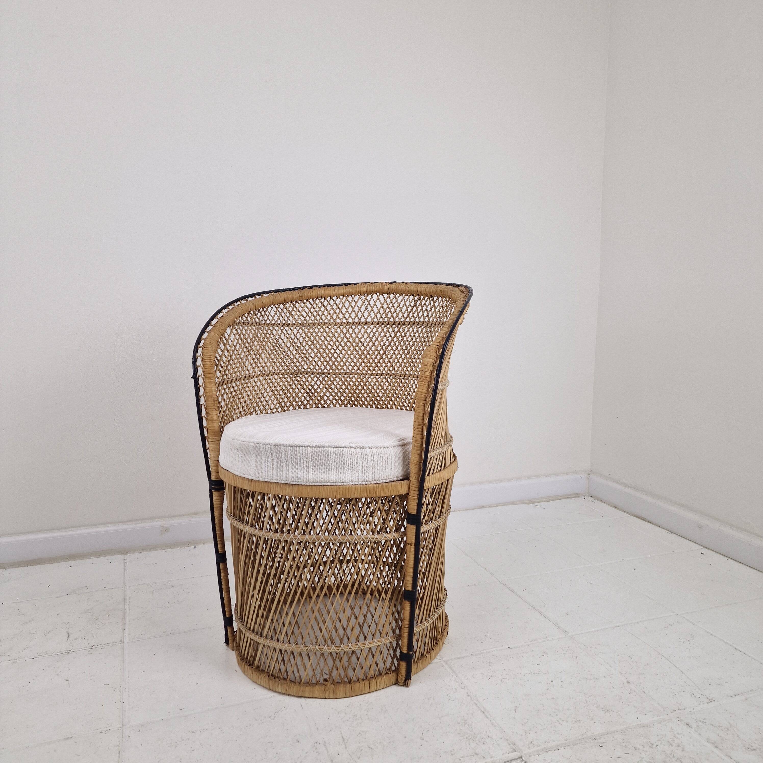 Boho Chic Rattan Barrel Chair with Custom Outdoor Cushion 1970's