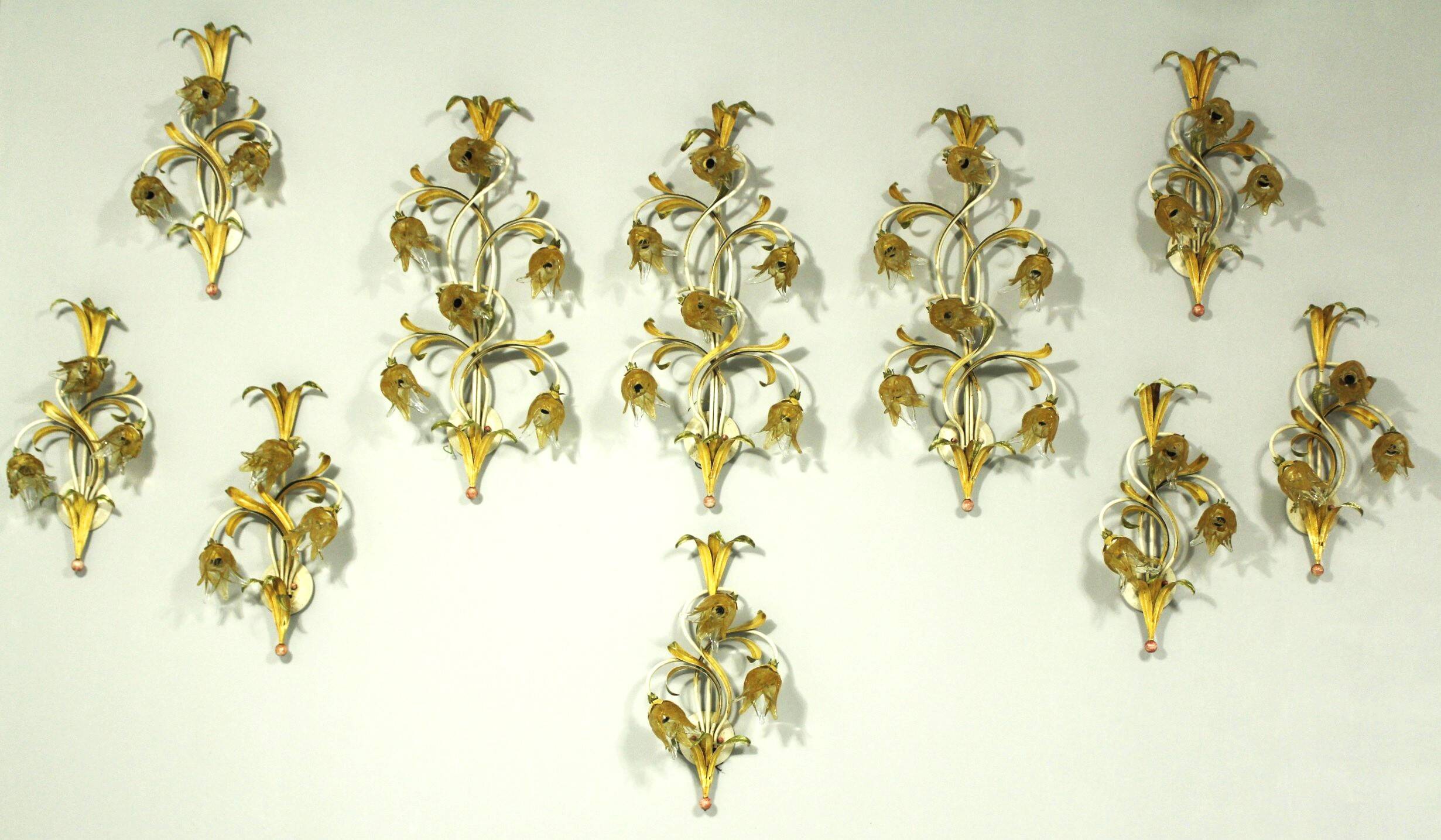 Set of 10 Wall Lights from colored hand crafted iron and Murano glass