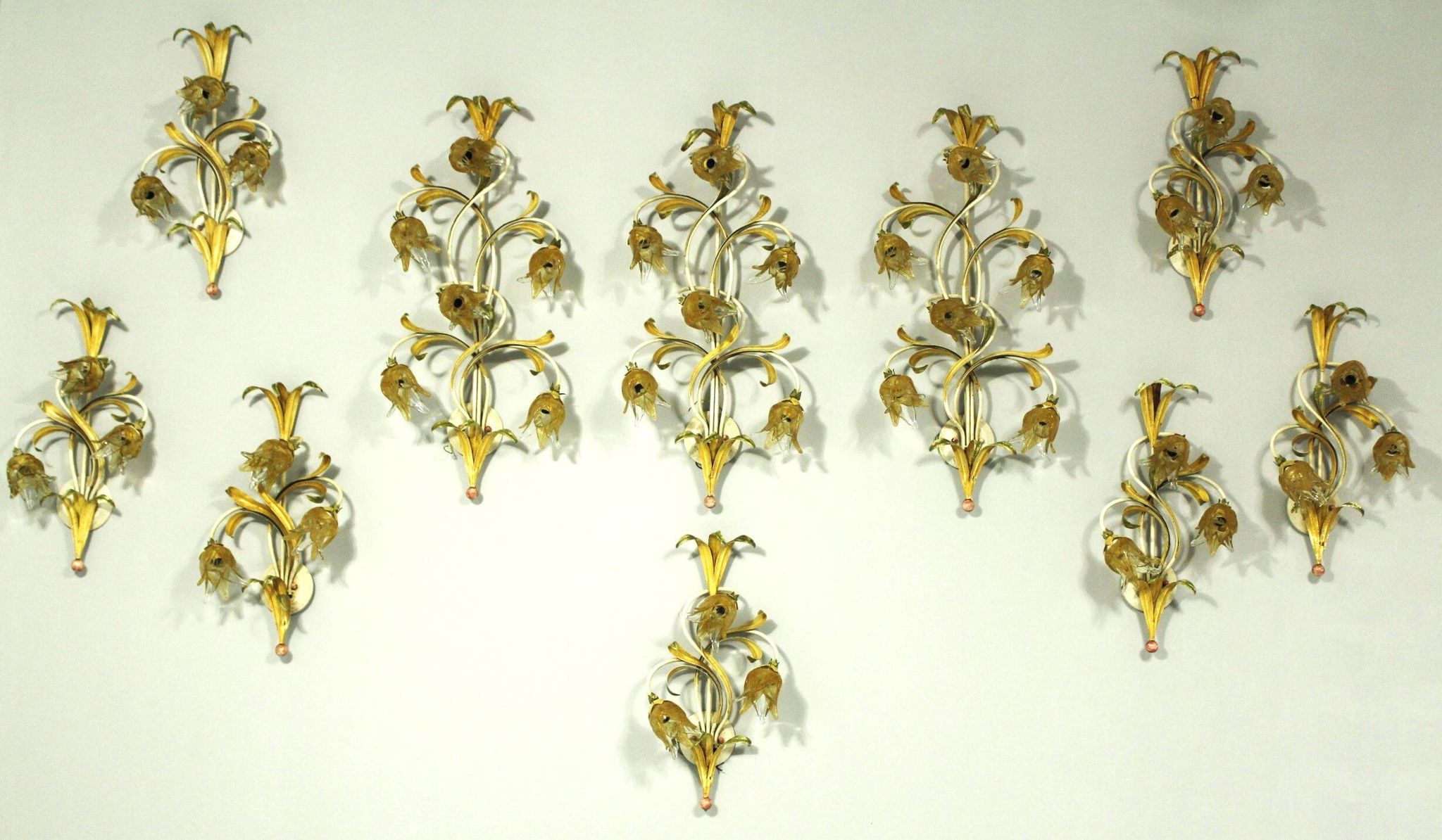 Set of 10 Wall Lights from colored hand crafted iron and Murano glass